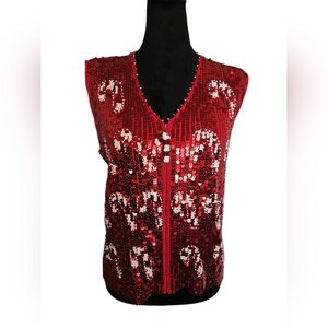 Vintage Berek 2 Red Fully Sequined Candy Cane Embellished Christmas Vest Size XL